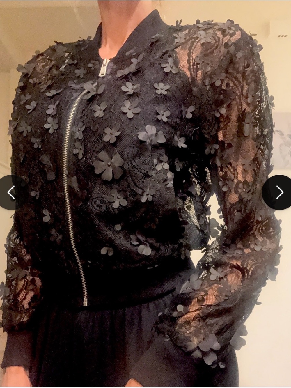 NWT Avec Les Filles Black 3D Floral Appliqué Sheer Bomber Jacket Size M - Picture 4 of 8